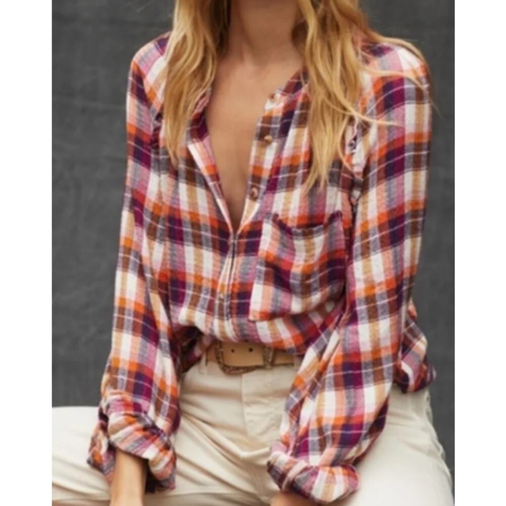 Pilcro Anthropologie Breezy Button Down in Raspberry Plaid sz XXSP